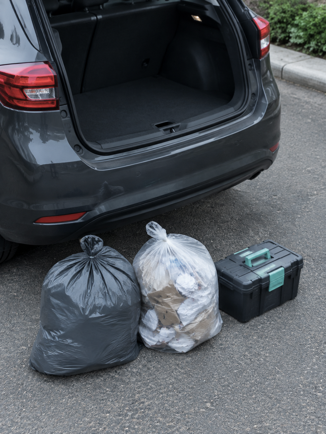 Dvije zatvorene vreće za otpad razvrstane po vrsti, uz otvoreni prtljažnik automobila